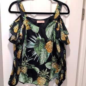 Twin-Set Black Top with Pineapple and Leaf Print Size 42IT 6US